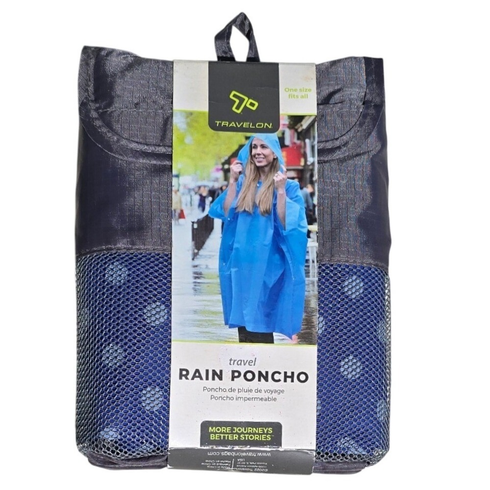 Travelon Blue White Polka Dot Travel Rain Poncho Hooded One Size New 13437